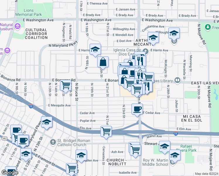 map of restaurants, bars, coffee shops, grocery stores, and more near 500 North 21st Street in Las Vegas