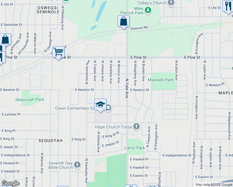 map of restaurants, bars, coffee shops, grocery stores, and more near 1223 North Winston Avenue in Tulsa