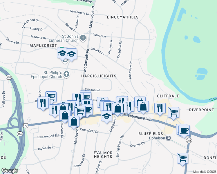 map of restaurants, bars, coffee shops, grocery stores, and more near 2524 Stinson Road in Nashville
