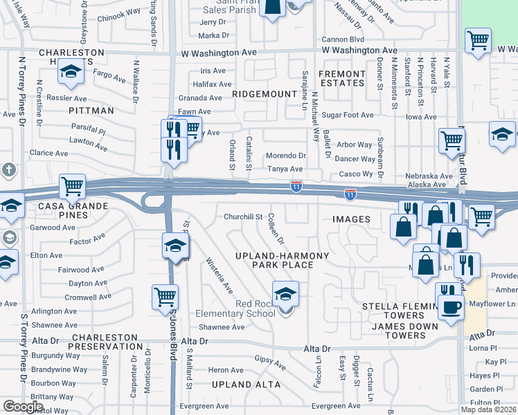 map of restaurants, bars, coffee shops, grocery stores, and more near 5613 Harmony Street in Las Vegas