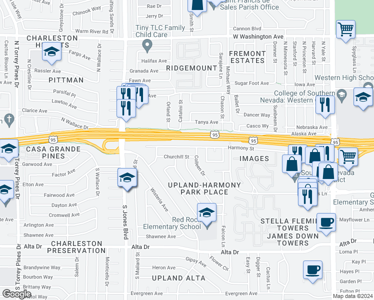 map of restaurants, bars, coffee shops, grocery stores, and more near 5613 Harmony Street in Las Vegas