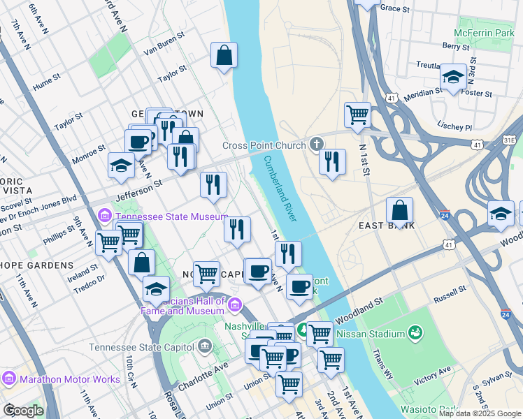 map of restaurants, bars, coffee shops, grocery stores, and more near in Nashville