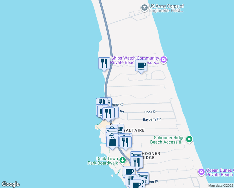 map of restaurants, bars, coffee shops, grocery stores, and more near 107 Sea Colony Drive in Kitty Hawk