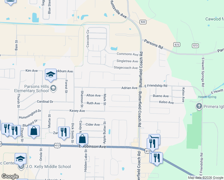 map of restaurants, bars, coffee shops, grocery stores, and more near 2844 Yorkshire Circle in Springdale