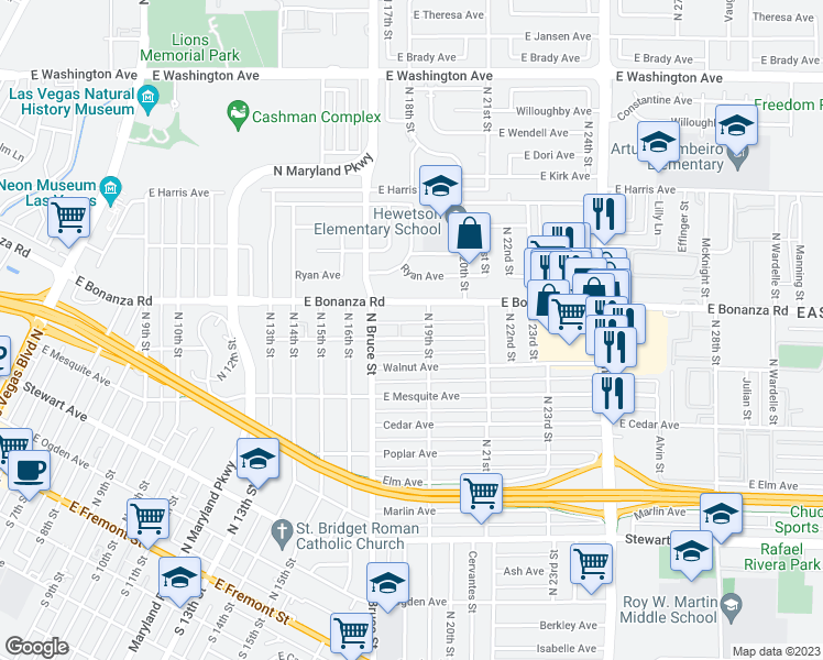 map of restaurants, bars, coffee shops, grocery stores, and more near 1812 Linden Avenue in Las Vegas