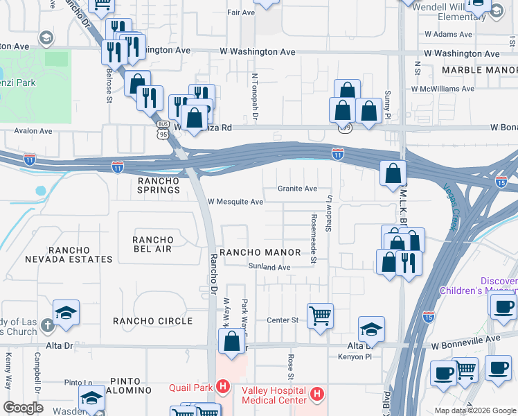 map of restaurants, bars, coffee shops, grocery stores, and more near 101 Woodley Street in Las Vegas