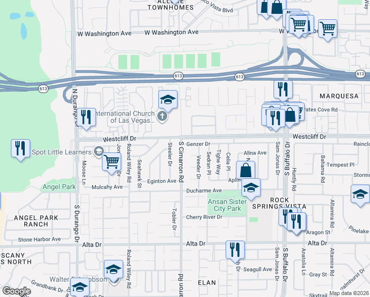 map of restaurants, bars, coffee shops, grocery stores, and more near 124 South Cimarron Road in Las Vegas