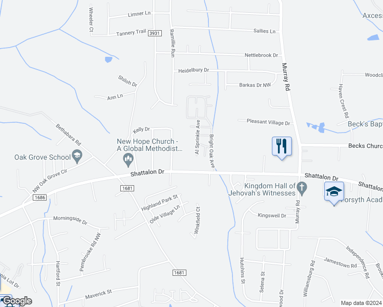 map of restaurants, bars, coffee shops, grocery stores, and more near 5225 Shattalon Drive in Winston-Salem