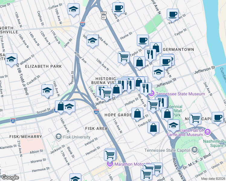 map of restaurants, bars, coffee shops, grocery stores, and more near 1024 Jefferson Street in Nashville