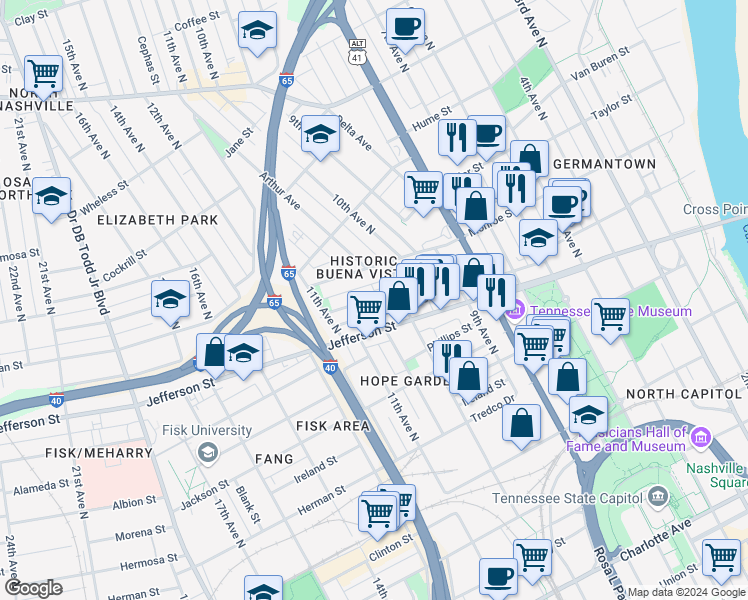 map of restaurants, bars, coffee shops, grocery stores, and more near 1024 Jefferson Street in Nashville