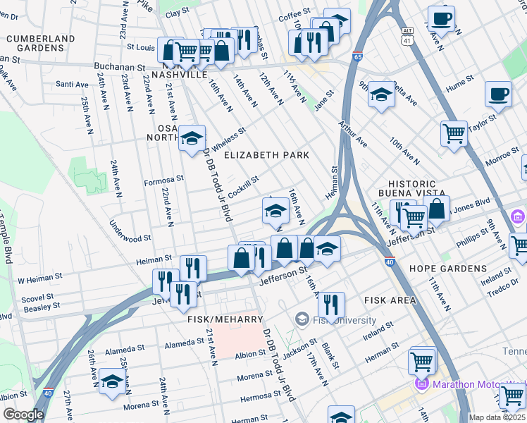map of restaurants, bars, coffee shops, grocery stores, and more near in Nashville