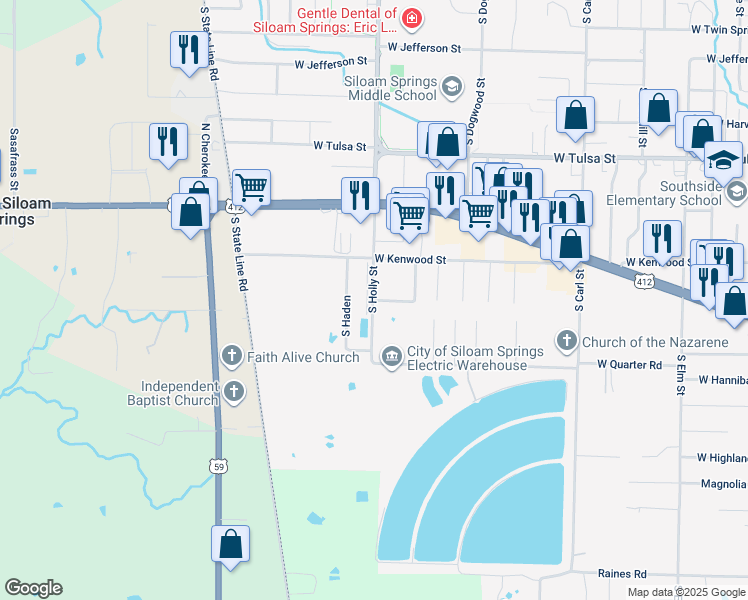 map of restaurants, bars, coffee shops, grocery stores, and more near 1650 Henegar Drive in Siloam Springs