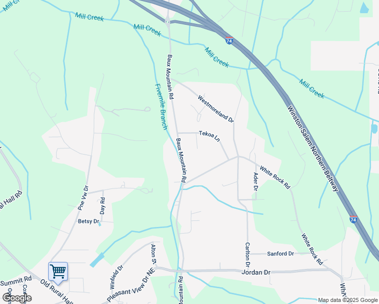 map of restaurants, bars, coffee shops, grocery stores, and more near 4821 Baux Mountain Road in Winston-Salem