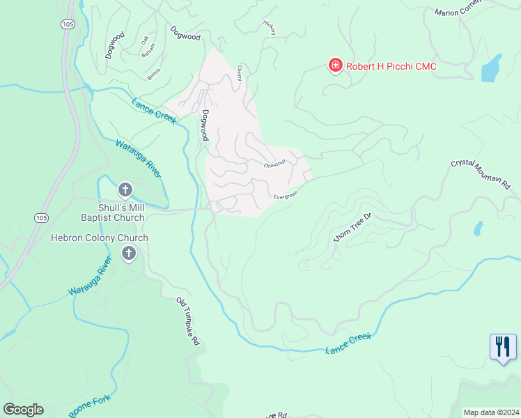 map of restaurants, bars, coffee shops, grocery stores, and more near 250 Fir Lane in Boone