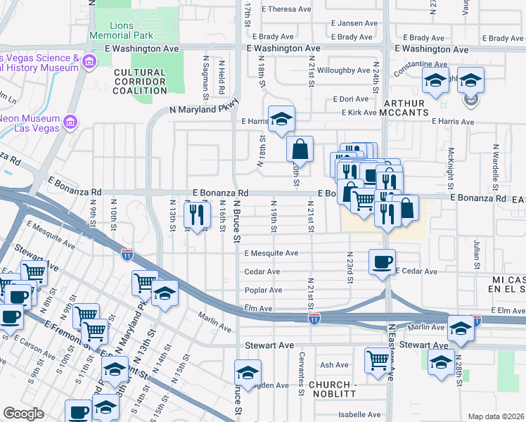 map of restaurants, bars, coffee shops, grocery stores, and more near 1809 Linden Avenue in Las Vegas