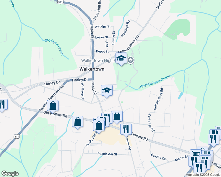 map of restaurants, bars, coffee shops, grocery stores, and more near 5170 New Street in Walkertown