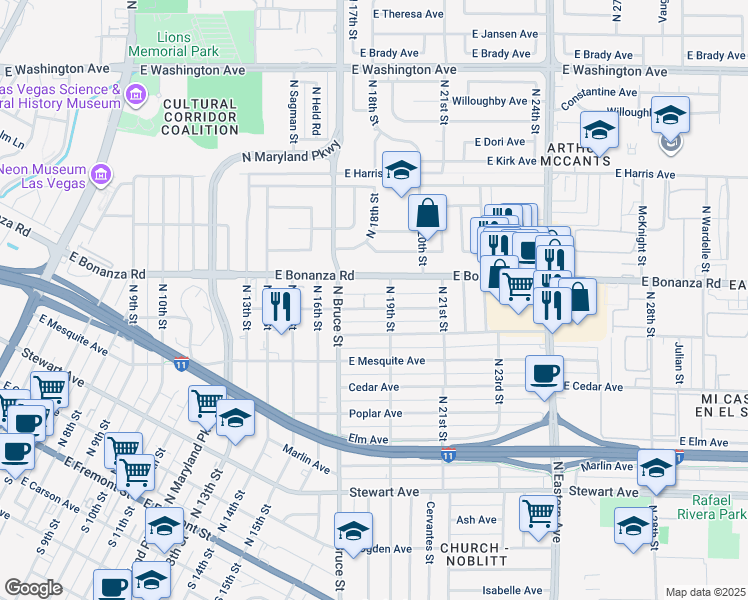 map of restaurants, bars, coffee shops, grocery stores, and more near 1812 Linden Avenue in Las Vegas
