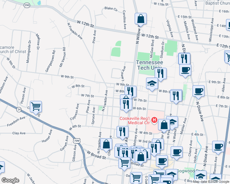 map of restaurants, bars, coffee shops, grocery stores, and more near 721b Chestnut Avenue in Cookeville