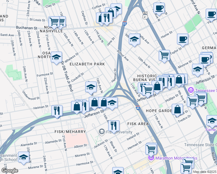 map of restaurants, bars, coffee shops, grocery stores, and more near 1403 14th Avenue in Nashville