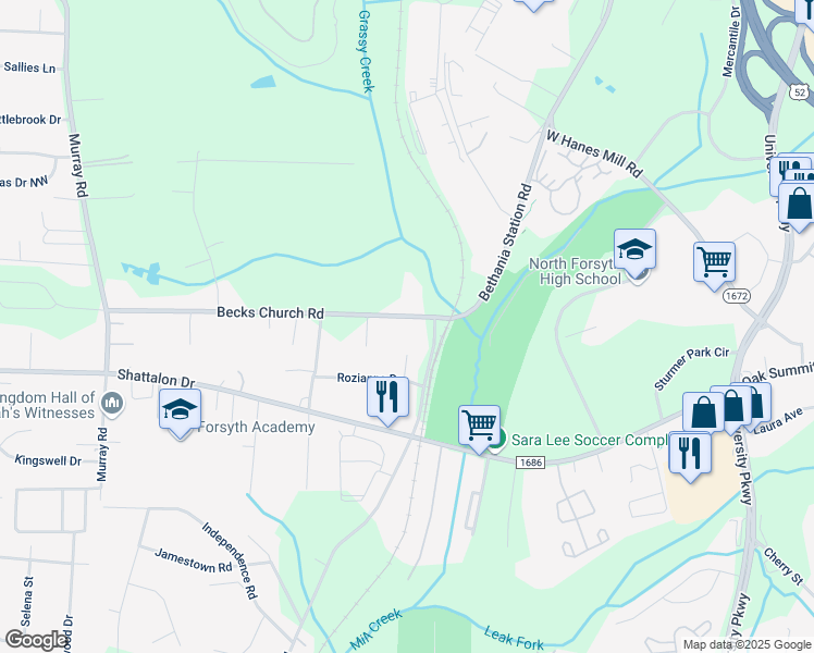 map of restaurants, bars, coffee shops, grocery stores, and more near 5578 Becks Church Road in Winston-Salem