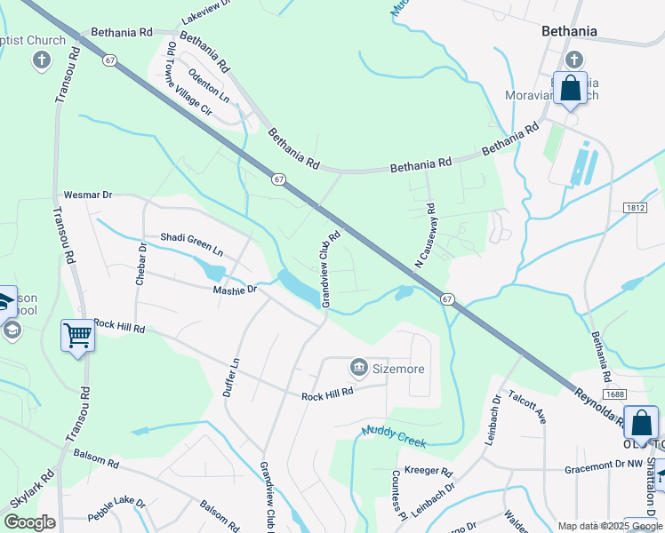 map of restaurants, bars, coffee shops, grocery stores, and more near 4131 Crestview Place Drive in Pfafftown