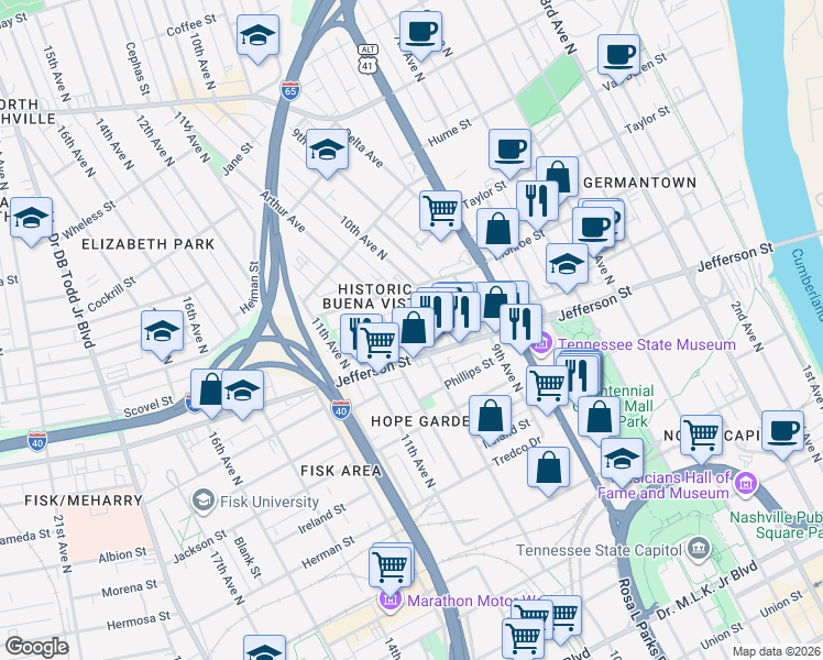 map of restaurants, bars, coffee shops, grocery stores, and more near 1024 Jefferson Street in Nashville