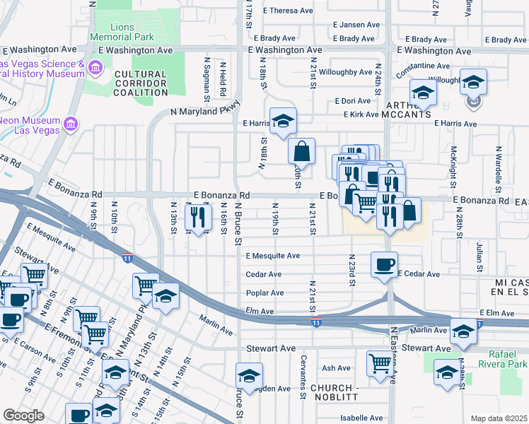 map of restaurants, bars, coffee shops, grocery stores, and more near 1811 Linden Avenue in Las Vegas