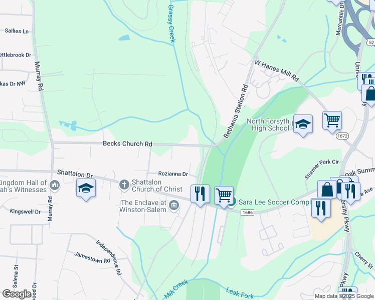 map of restaurants, bars, coffee shops, grocery stores, and more near 5572 Becks Church Road in Winston-Salem