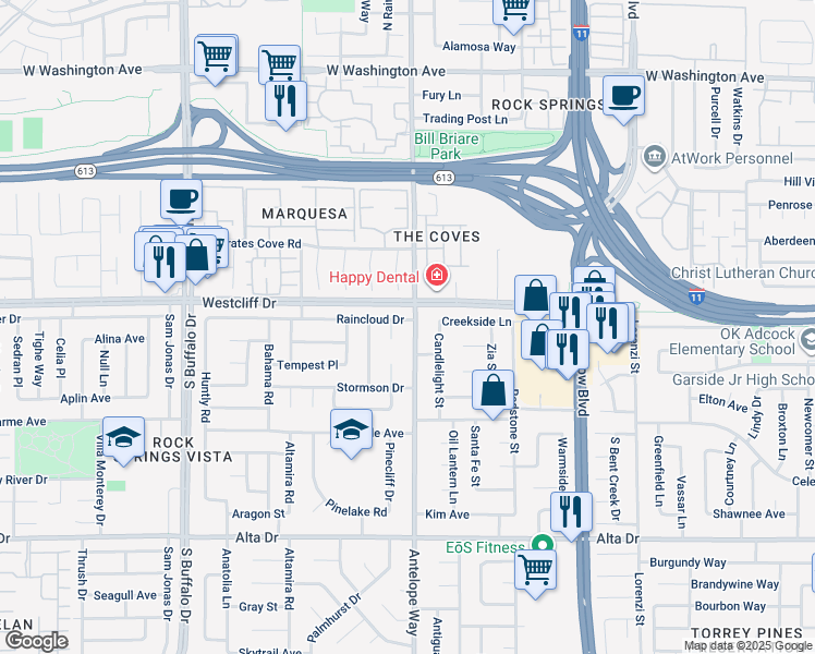 map of restaurants, bars, coffee shops, grocery stores, and more near 108 Antelope Way in Las Vegas