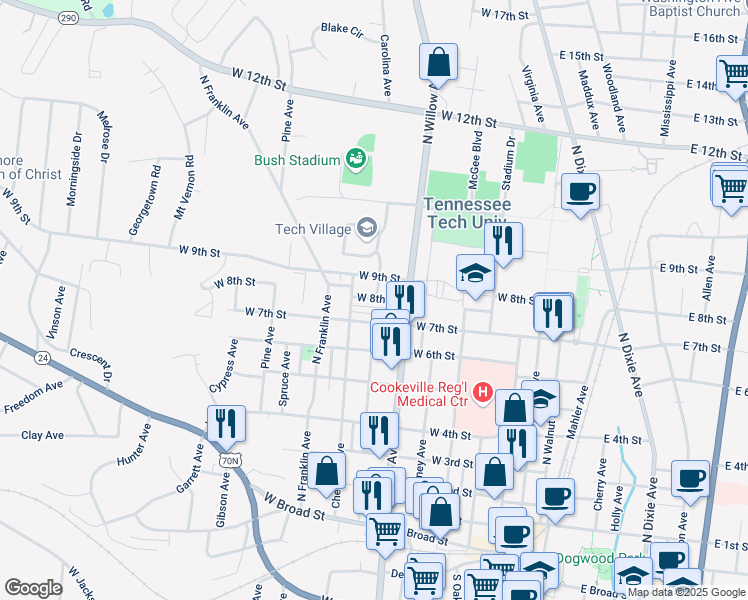 map of restaurants, bars, coffee shops, grocery stores, and more near 345 West 8th Street in Cookeville