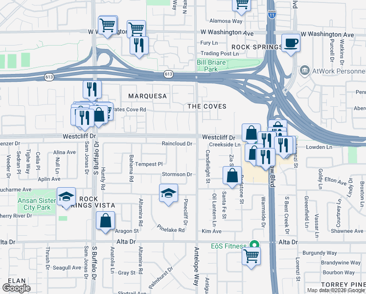 map of restaurants, bars, coffee shops, grocery stores, and more near 117 Thunder Street in Las Vegas