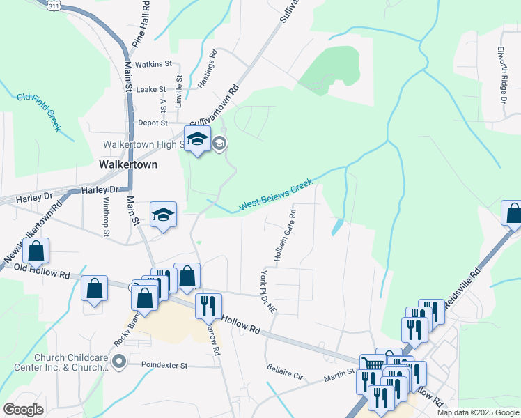 map of restaurants, bars, coffee shops, grocery stores, and more near 5229 Inigo Court in Walkertown