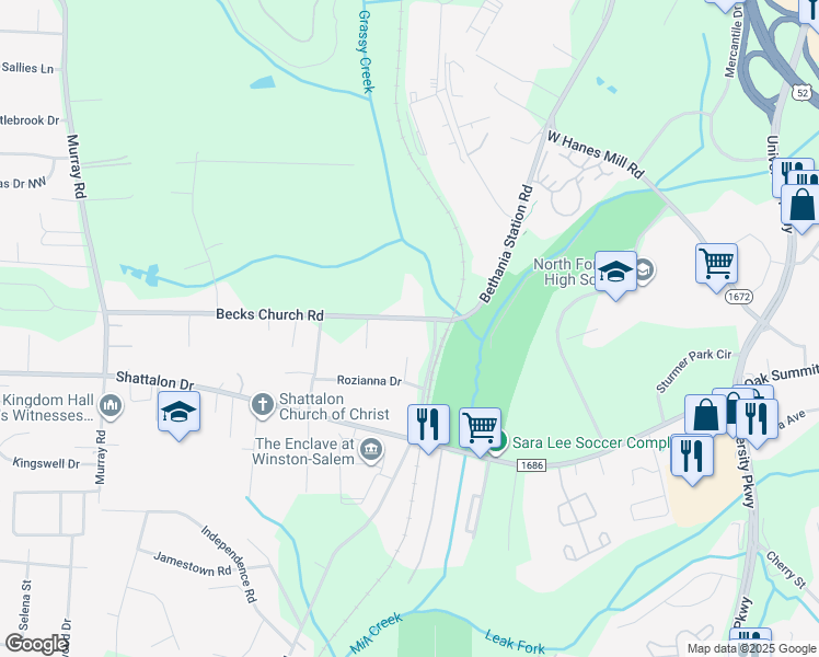 map of restaurants, bars, coffee shops, grocery stores, and more near 4318 Meta Drive in Winston-Salem