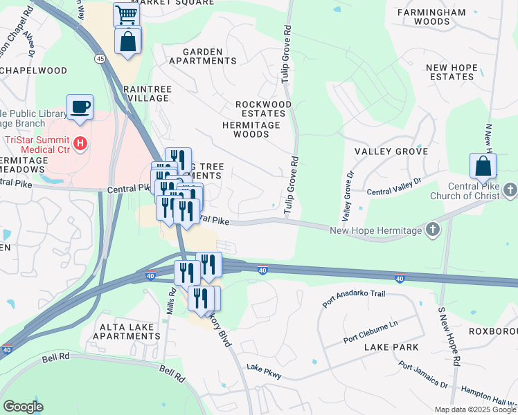 map of restaurants, bars, coffee shops, grocery stores, and more near 4035 Central Pike in Nashville