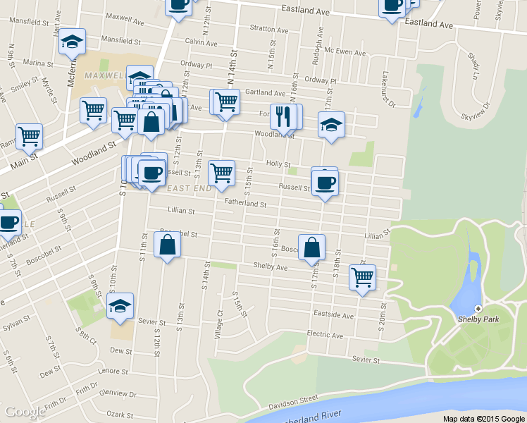 map of restaurants, bars, coffee shops, grocery stores, and more near 1512 Lillian Street in Nashville