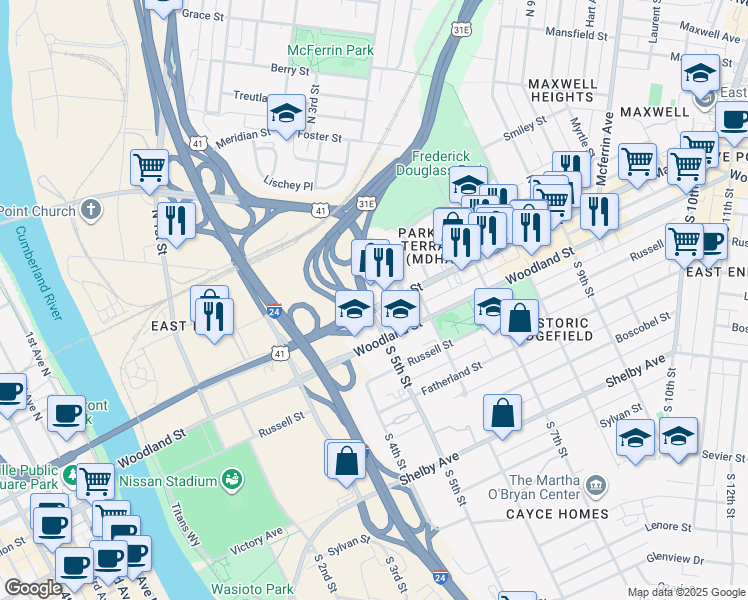 map of restaurants, bars, coffee shops, grocery stores, and more near 502 Main Street in Nashville