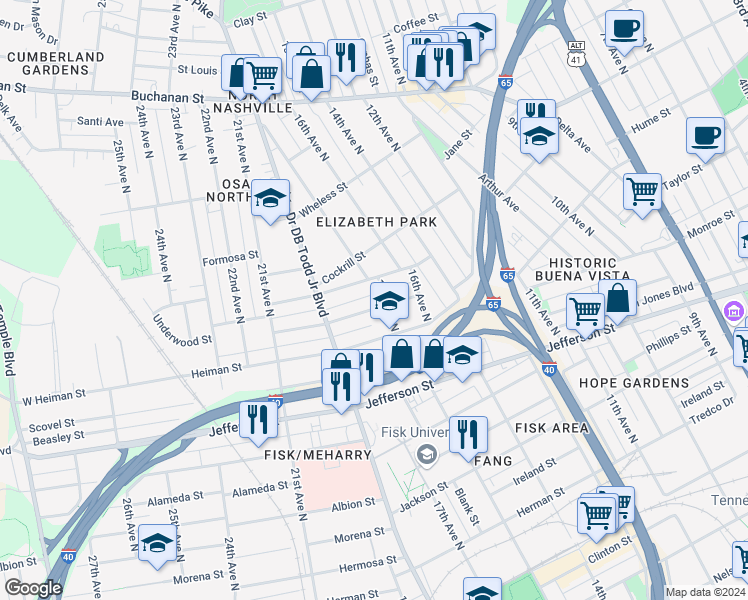 map of restaurants, bars, coffee shops, grocery stores, and more near in Nashville