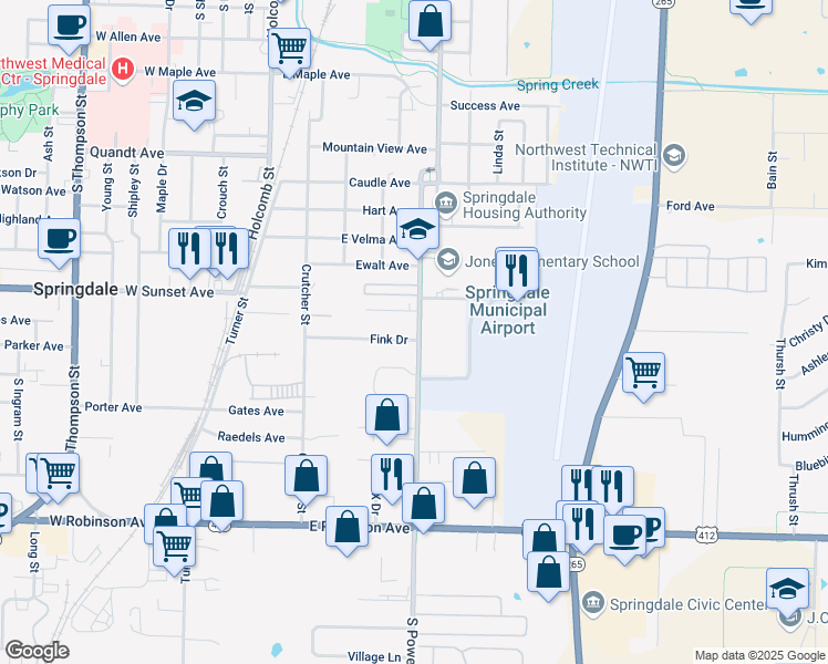 map of restaurants, bars, coffee shops, grocery stores, and more near 505 Fink Drive in Springdale