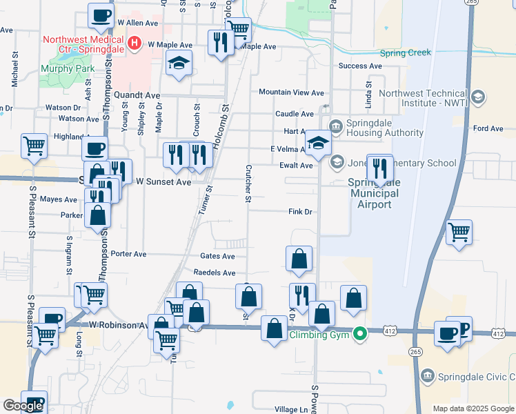 map of restaurants, bars, coffee shops, grocery stores, and more near 301 Fink Drive in Springdale