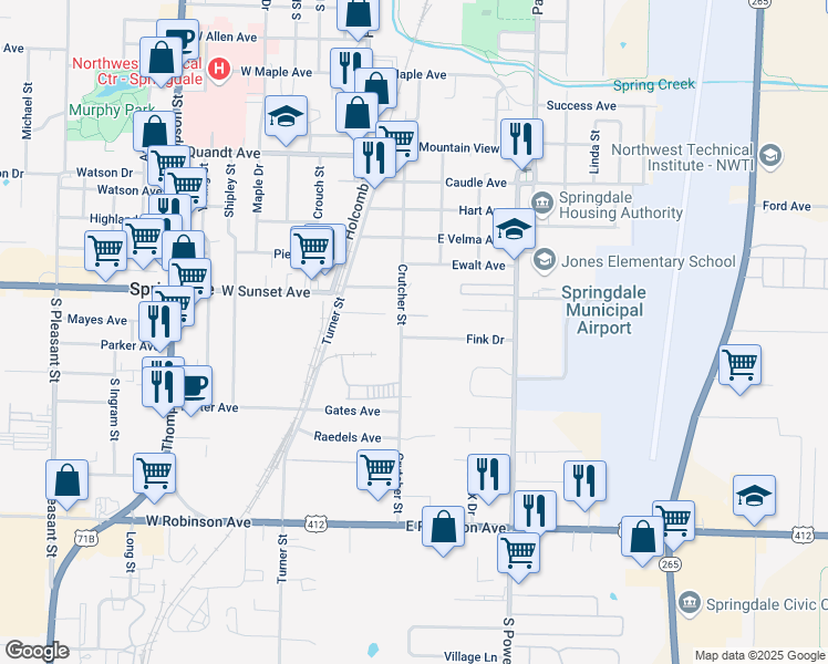 map of restaurants, bars, coffee shops, grocery stores, and more near 301 Fink Drive in Springdale