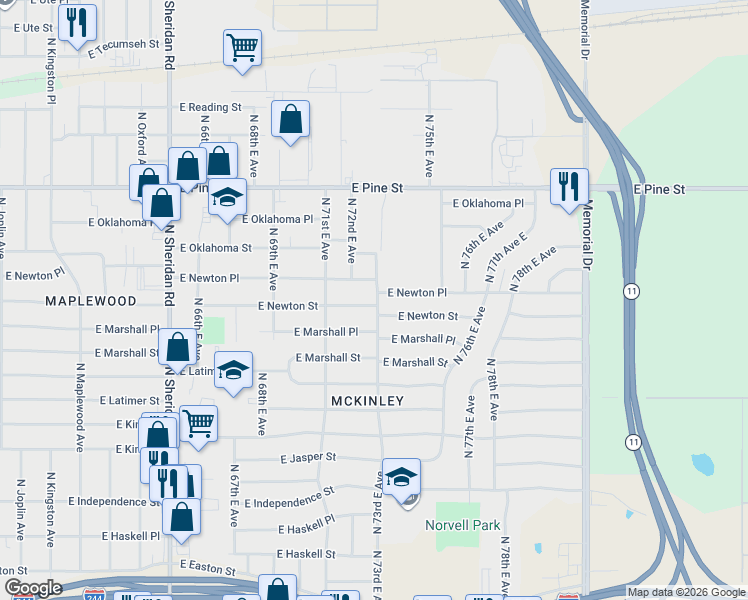 map of restaurants, bars, coffee shops, grocery stores, and more near 7129 East Marshall Place in Tulsa