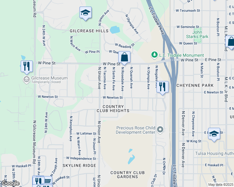 map of restaurants, bars, coffee shops, grocery stores, and more near 1233 North Tacoma Avenue in Tulsa