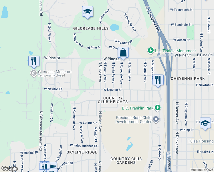 map of restaurants, bars, coffee shops, grocery stores, and more near 1232 North Tacoma Place in Tulsa
