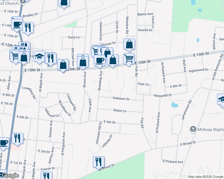 map of restaurants, bars, coffee shops, grocery stores, and more near 805 Manning Place in Cookeville