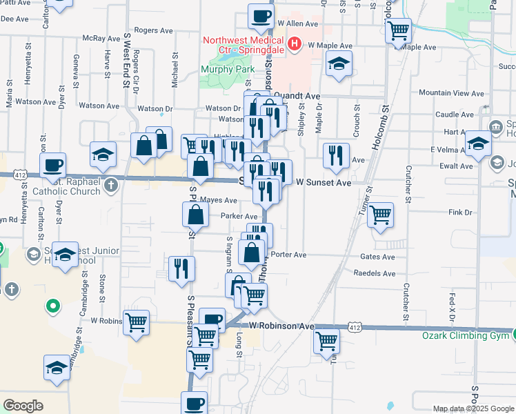 map of restaurants, bars, coffee shops, grocery stores, and more near 915 Parker Avenue in Springdale