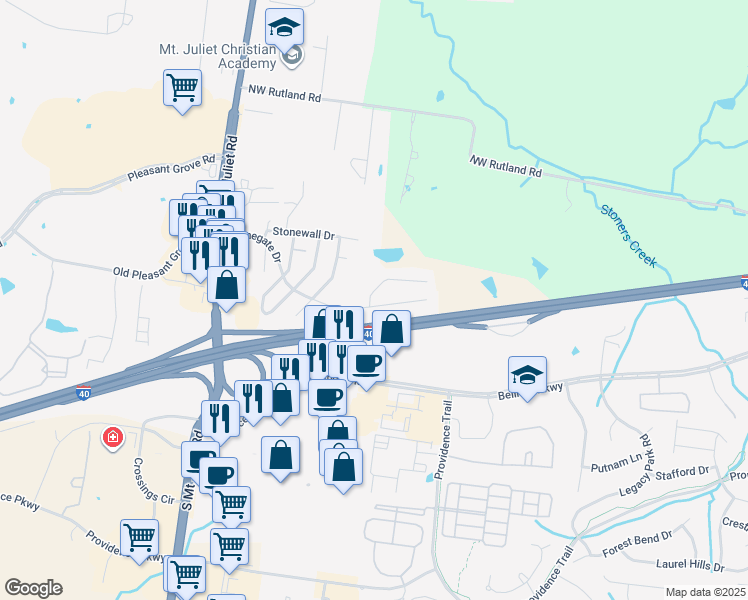 map of restaurants, bars, coffee shops, grocery stores, and more near 720 Stonegate Drive in Mt. Juliet