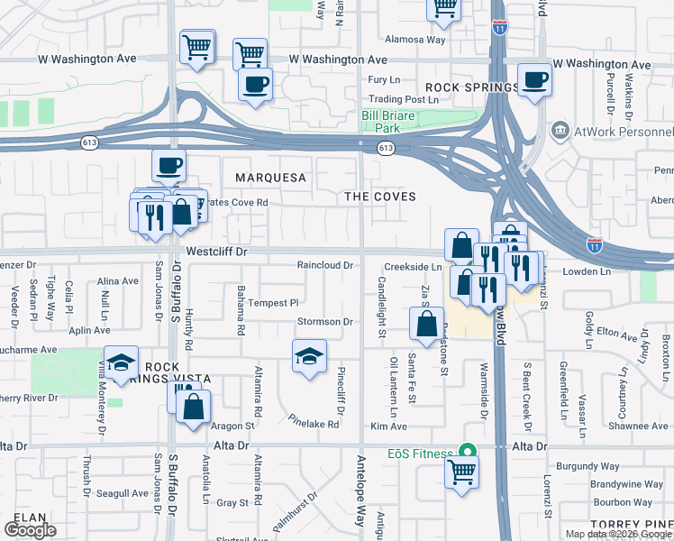 map of restaurants, bars, coffee shops, grocery stores, and more near 100 Breeze Court in Las Vegas