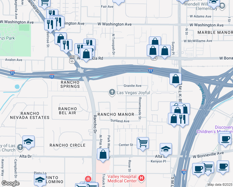 map of restaurants, bars, coffee shops, grocery stores, and more near 101 Woodley Street in Las Vegas