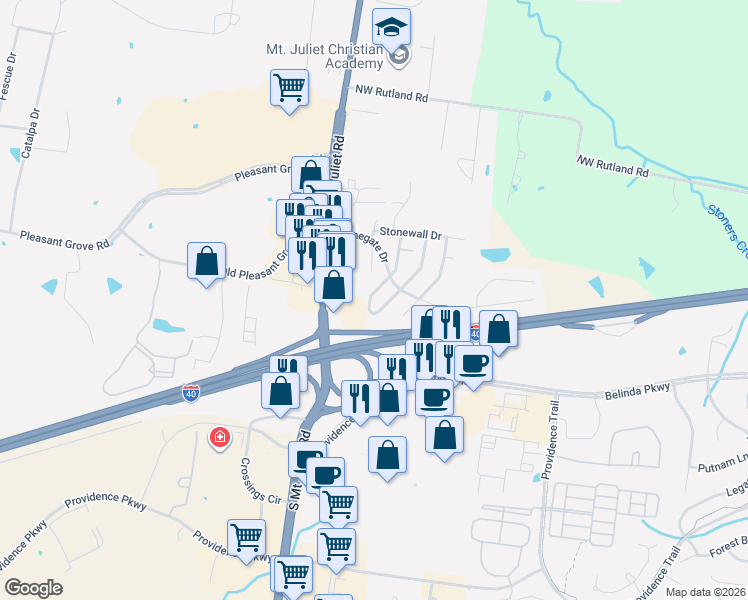 map of restaurants, bars, coffee shops, grocery stores, and more near 32 Gateway Circle in Mt. Juliet
