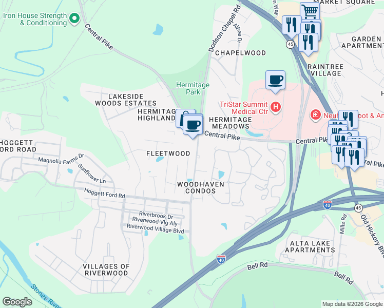 map of restaurants, bars, coffee shops, grocery stores, and more near 3701 Seville Drive in Nashville